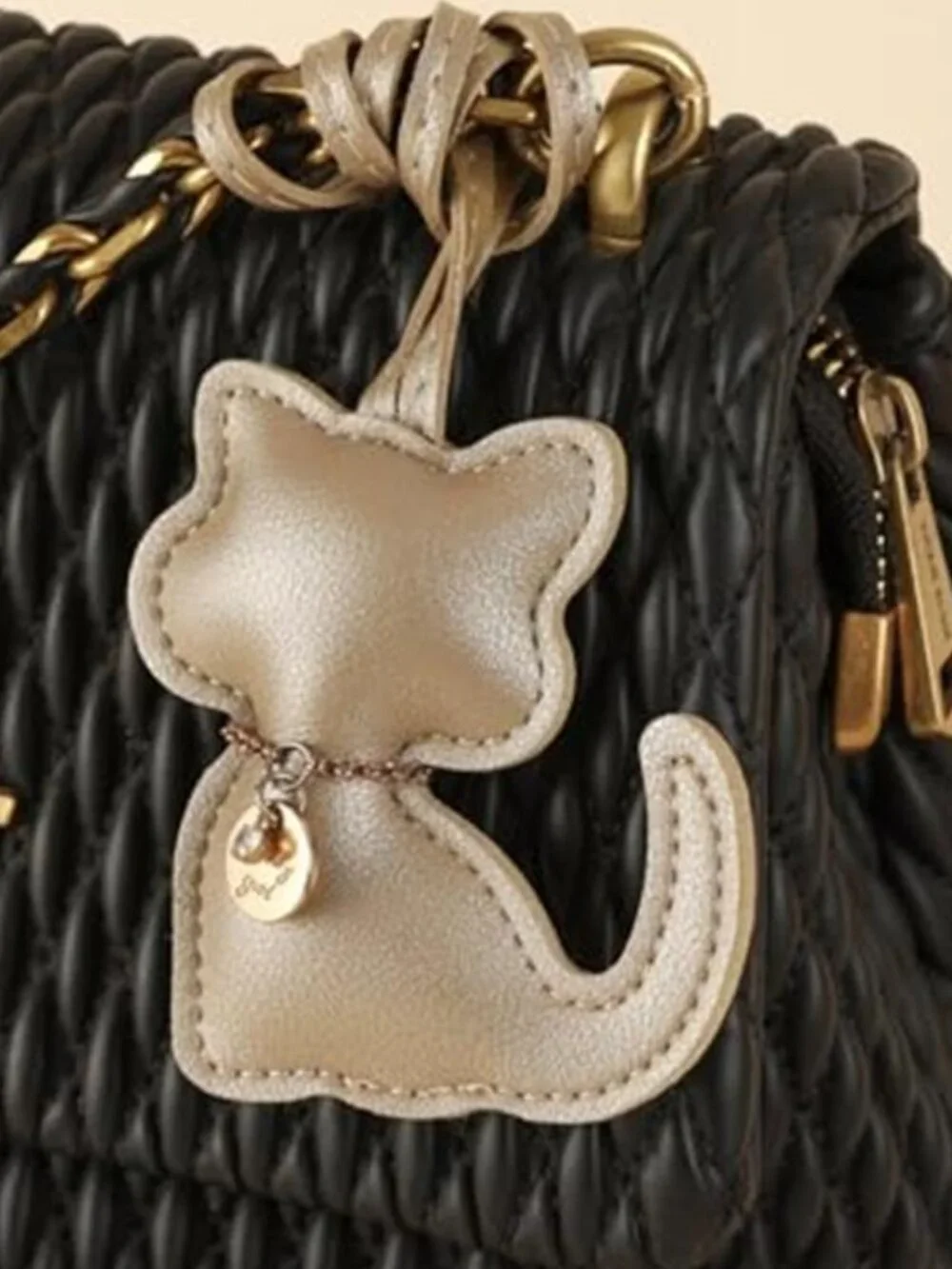 Gold Cat Vegan Leather Bag Charm Rhinestone Purse Keychain Handbag Accessory